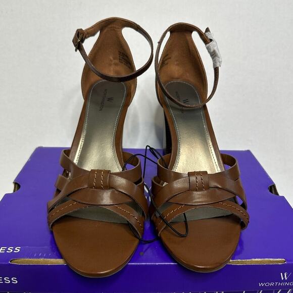 NWT Worthington Size 11 Brown Vacation Ankle Strappy Block High Heel Open Toe - Picture 2 of 10